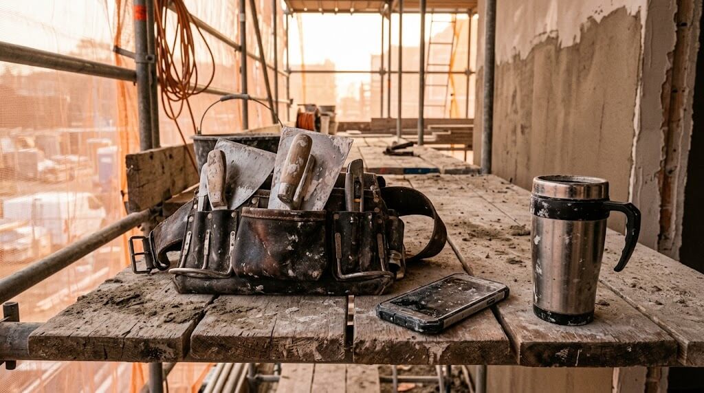 Stukadoorsgereedschap en telefoon op een bouwsteiger