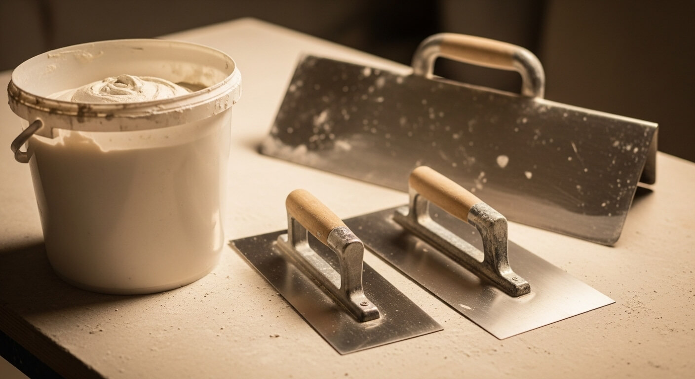 Stucwerk gereedschap op een schone werkplek met emmers en spanen