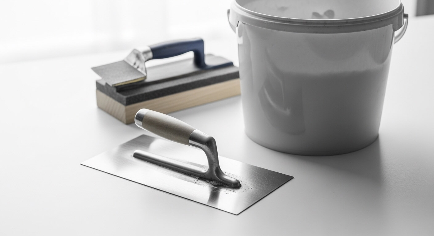 Professioneel stukadoorsgereedschap op een schone werkplek