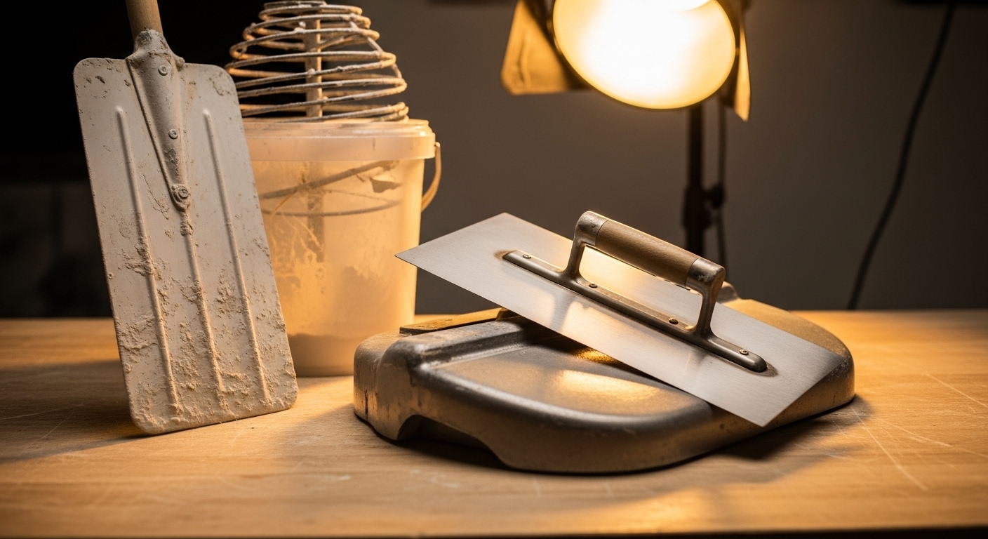 Professioneel stukadoorsgereedschap op een werkbank