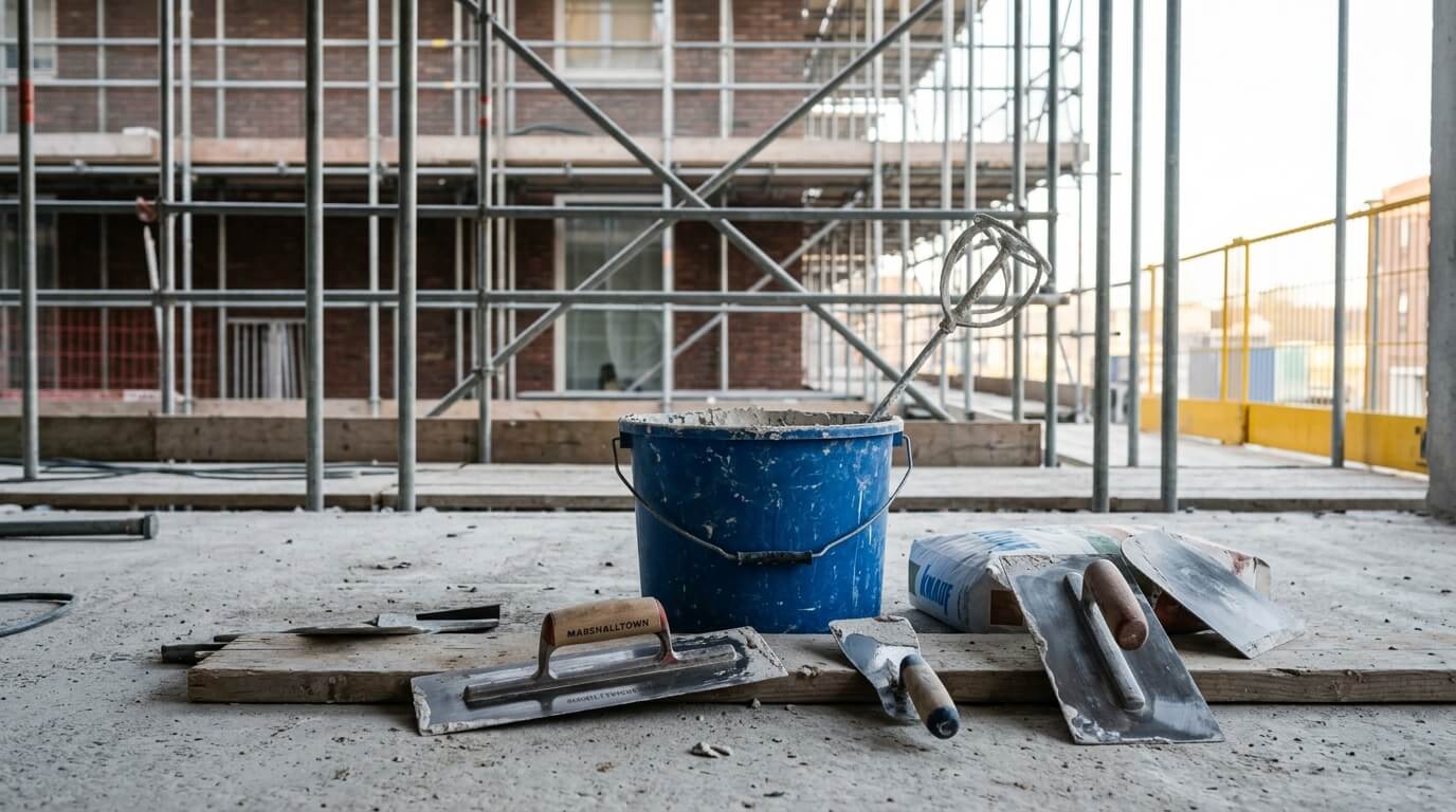 Stukadoorsgereedschap en mengbak op een bouwplaats