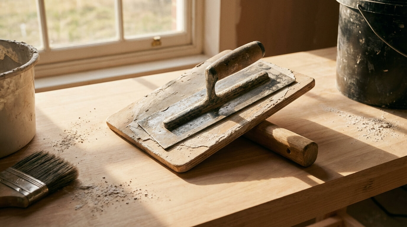 Stukadoorgereedschap op een werkbank
