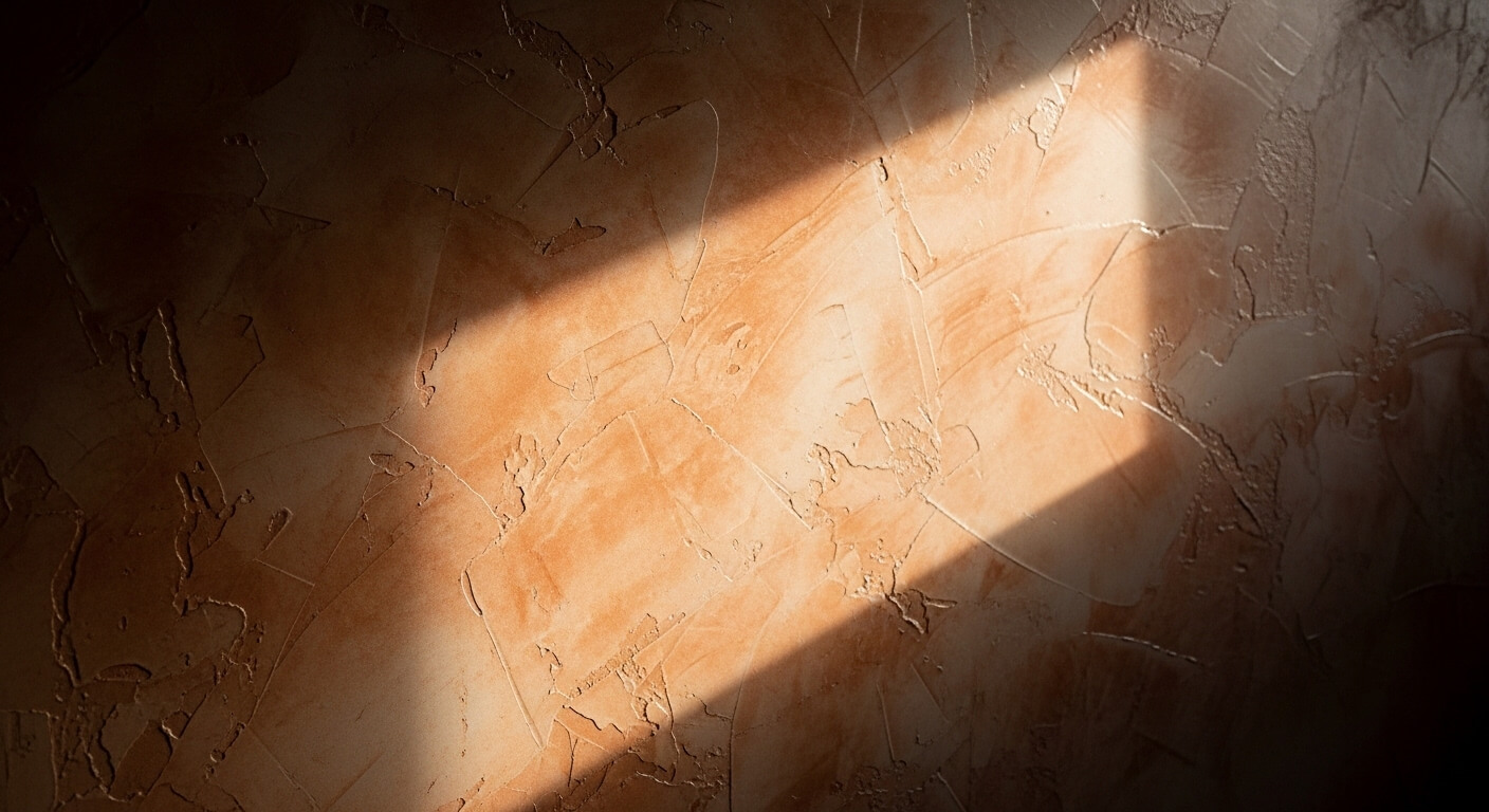 Glad gestucte wand in een Nederlandse woonkamer met warm licht