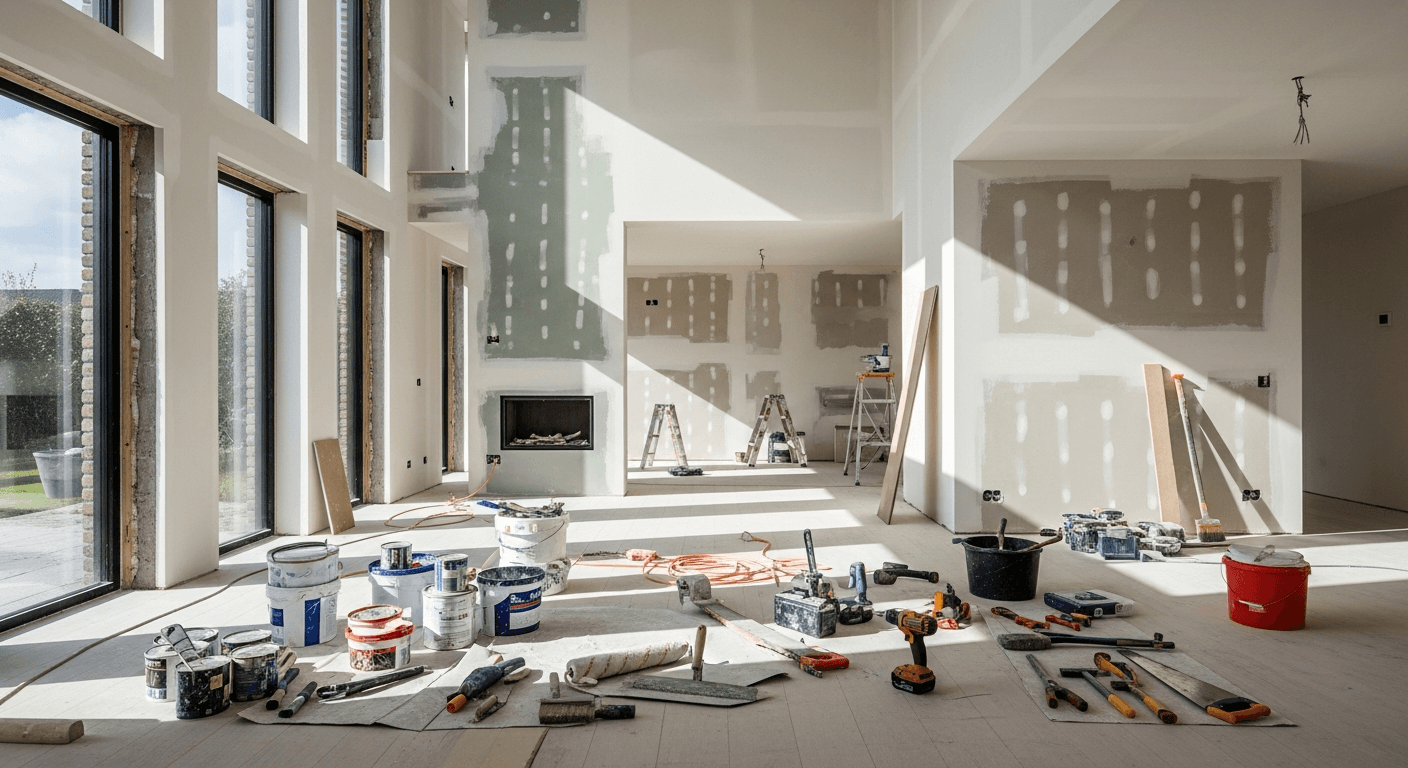 Nederlands huis in renovatie met stucwerk en schilderwerk naast elkaar