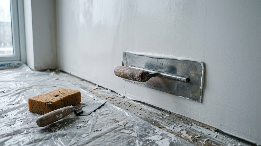 Stukadoor werkt aan gladde muur met spaan, verse pleisterlaag wit, beschermend plastic over de vloer