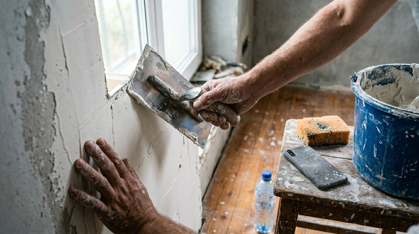 Stukadoor werkt met spaan aan vers gestukte wand, spaan en emmer pleister op de voorgrond