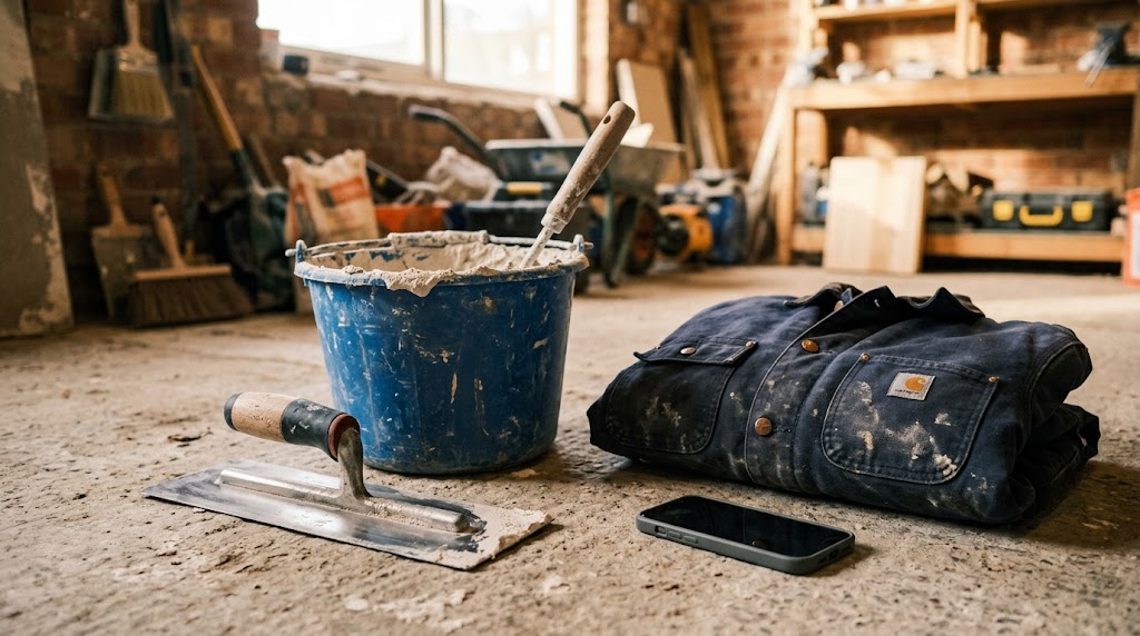 Stukadoor werkplaats met offertemap en gereedschap