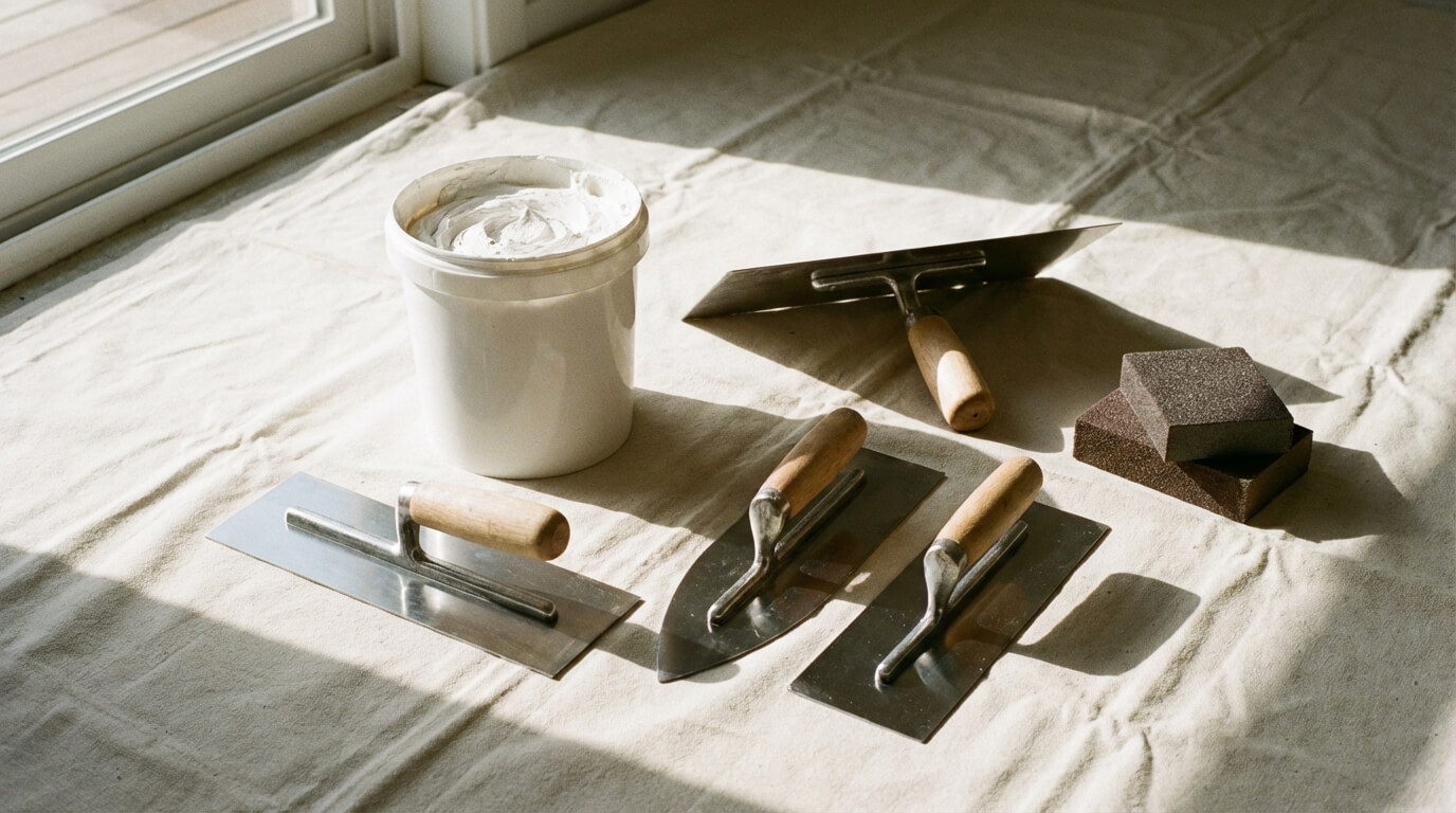 Stukadoorsgereedschap op een werkplek