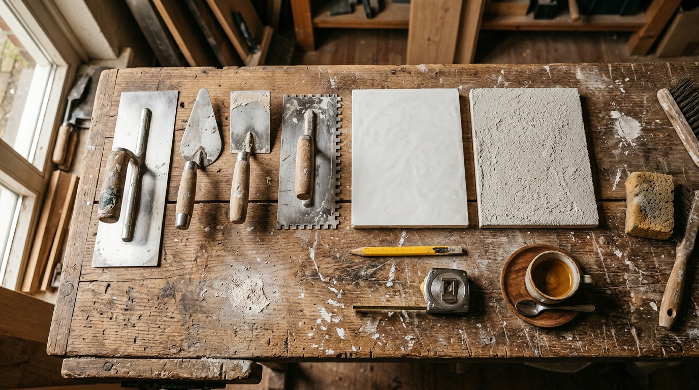 Stucwerk gereedschap en materiaalmonsters op werkblad