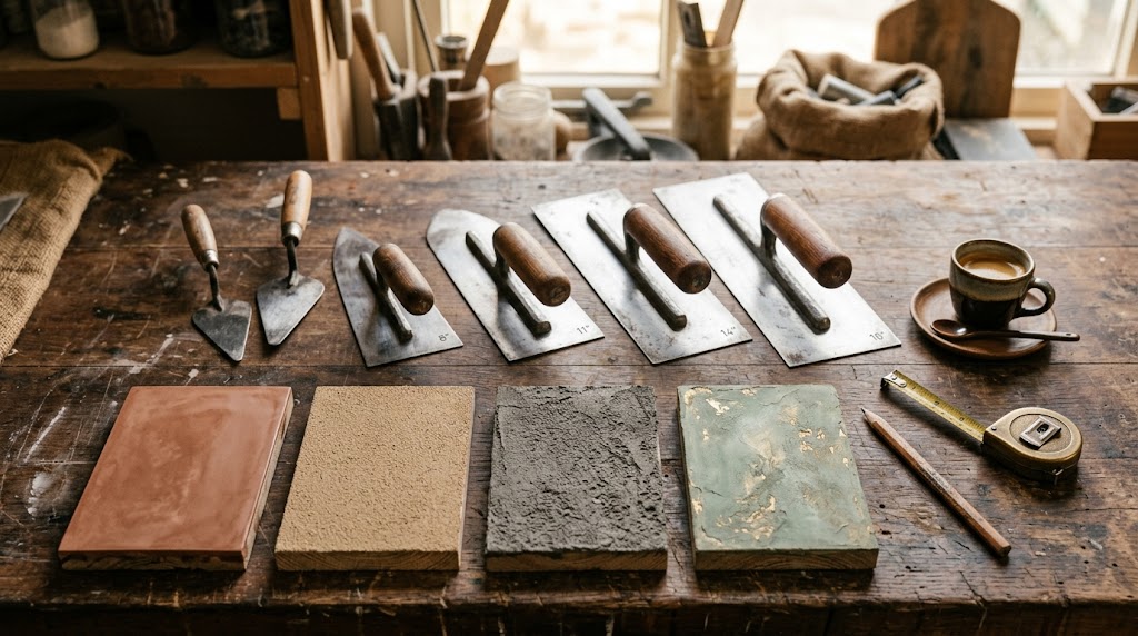 Stucwerk gereedschap en materiaalsamples op een werkblad